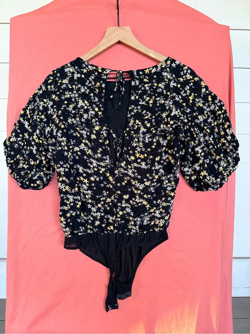 Intimately Free People Floral Puff Sleeve Bodysuit Boho Cottagecore Black XS